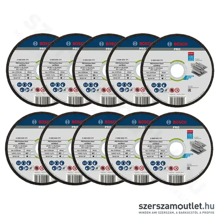 BOSCH Vágótárcsa, Standard for Inox, 125x22.23x1mm, fém kazettában, 10db (2 608 603 255)
