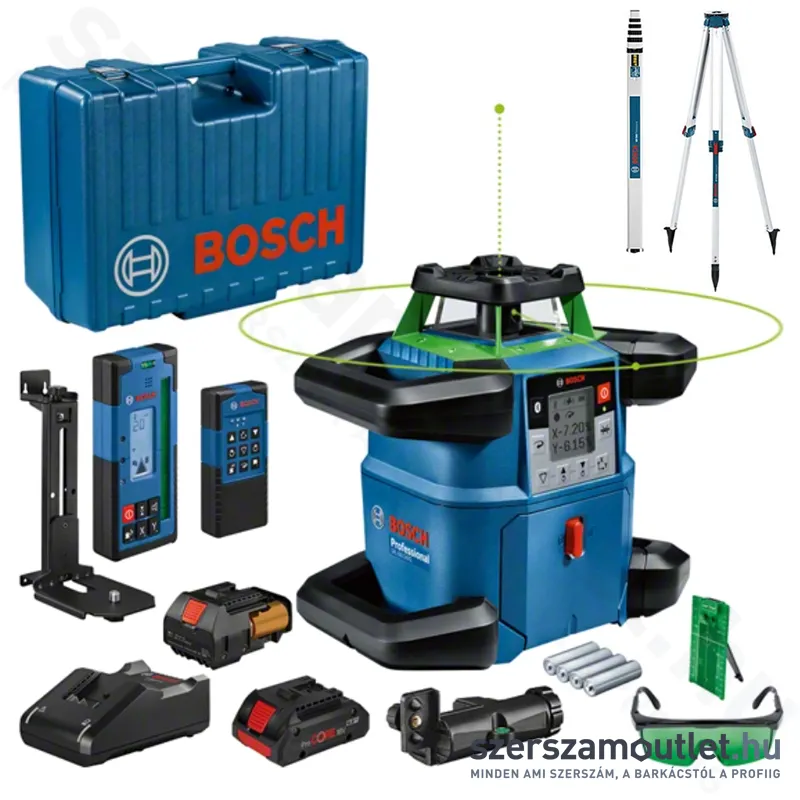 BOSCH GRL 650 CHVG Akkus forgólézer +vevő+vezérló+állvány+léc+fali tartó+koffer (ZÖLD) (1x4,0Ah/18V)