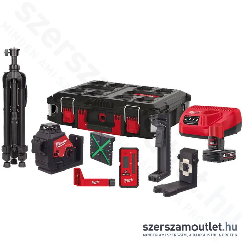 MILWAUKEE M12 3PLKIT-401P Akkus vonallézer ZÖLD (3 sík/360°), PACKOUT + tartozékok (1x4,0Ah/12V