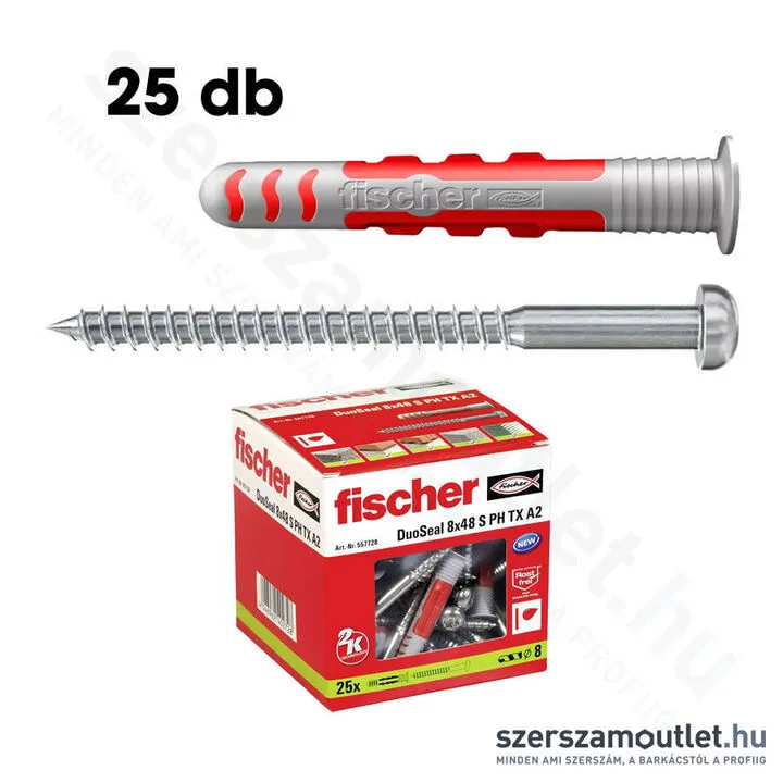 FISCHER DUOSEAL Tömítő dübel 8x48mm + lencsefejű csavar 6,0x70mm S PH TX30 A2 [25db/doboz] (557728)