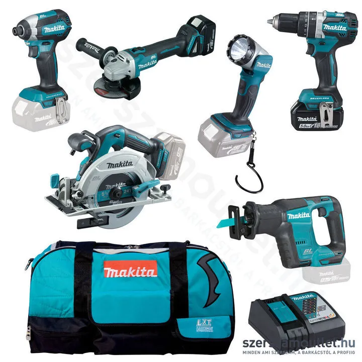 MAKITA DLX6092T akkus szett 18V LXT DGA504+DHP484+DHS680+DJR188+DTD153+DML802 2x5,0Ah TÁSKA