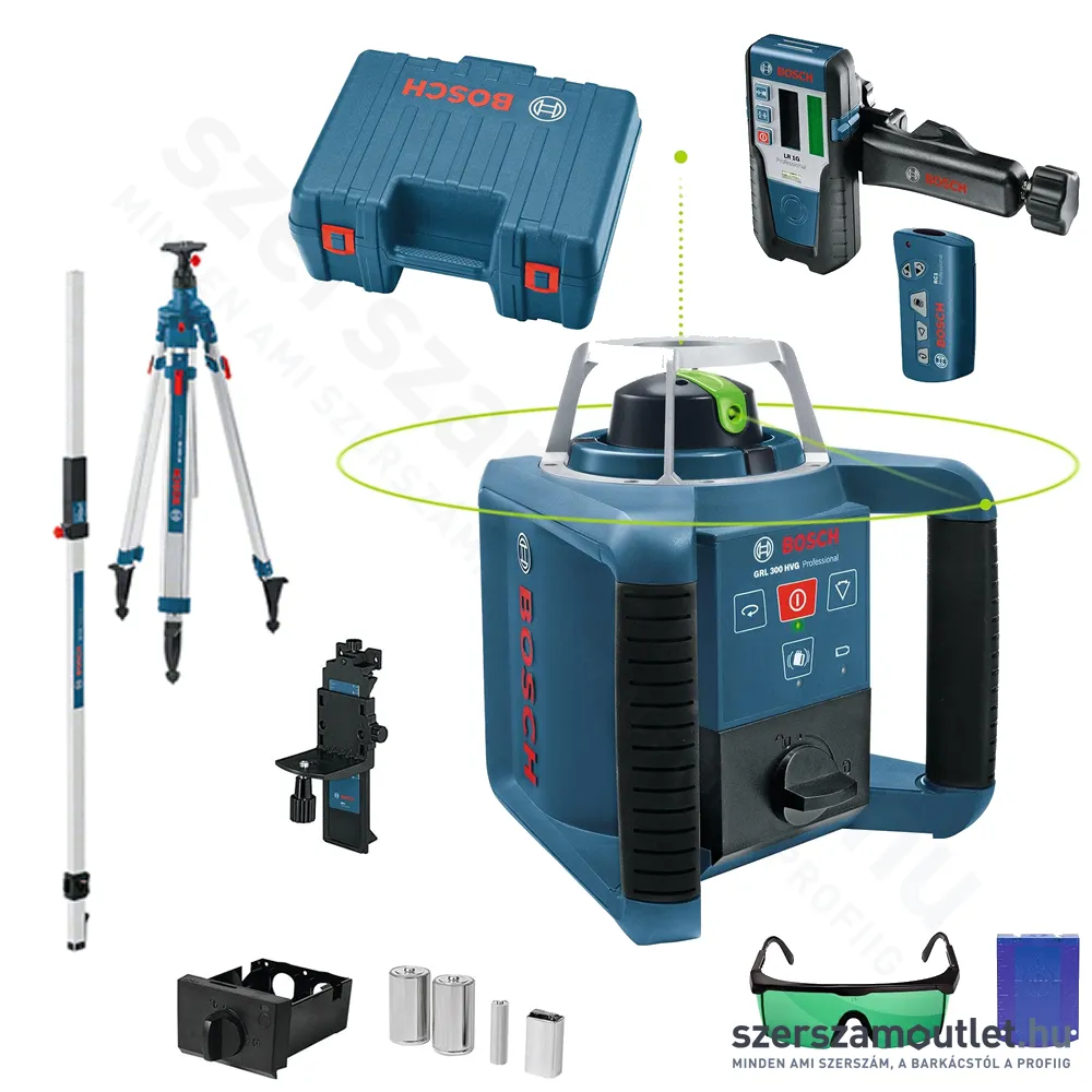 BOSCH GRL 300 HVG Forgólézer + vevő +távirányító +állvány +léc +koffer (ZÖLD) (061599404B)