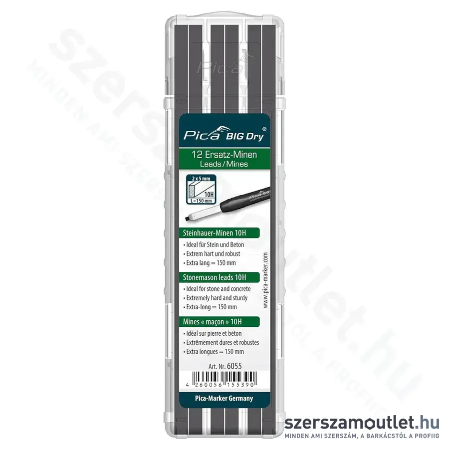 PICA BIG DRY Kőműves jelölőmarker betét 10H grafit 2x5x150mm 12db (Fekete) (6055)