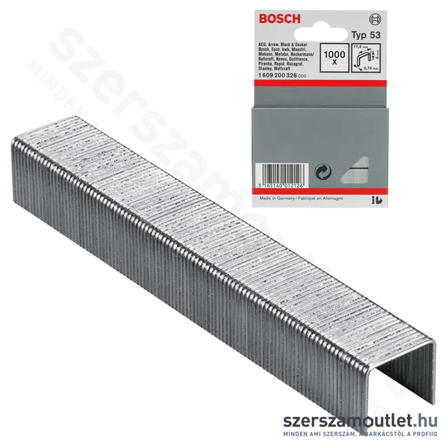 BOSCH Keskeny laposhuzal tűzőkapocs, 53-as típus 8x11,4x0,74mm (1000db/doboz) (1609200365)