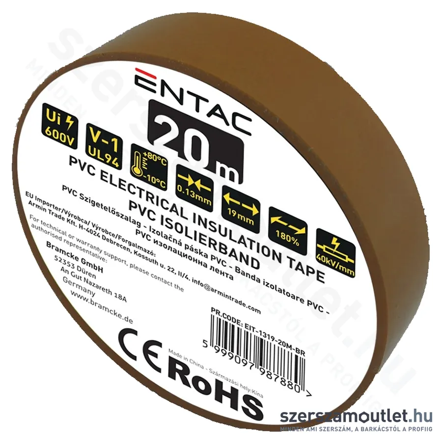 ENTAC Szigetelőszalag 0,13x19mm/20m (Barna) (EIT-1319-20M-BR)
