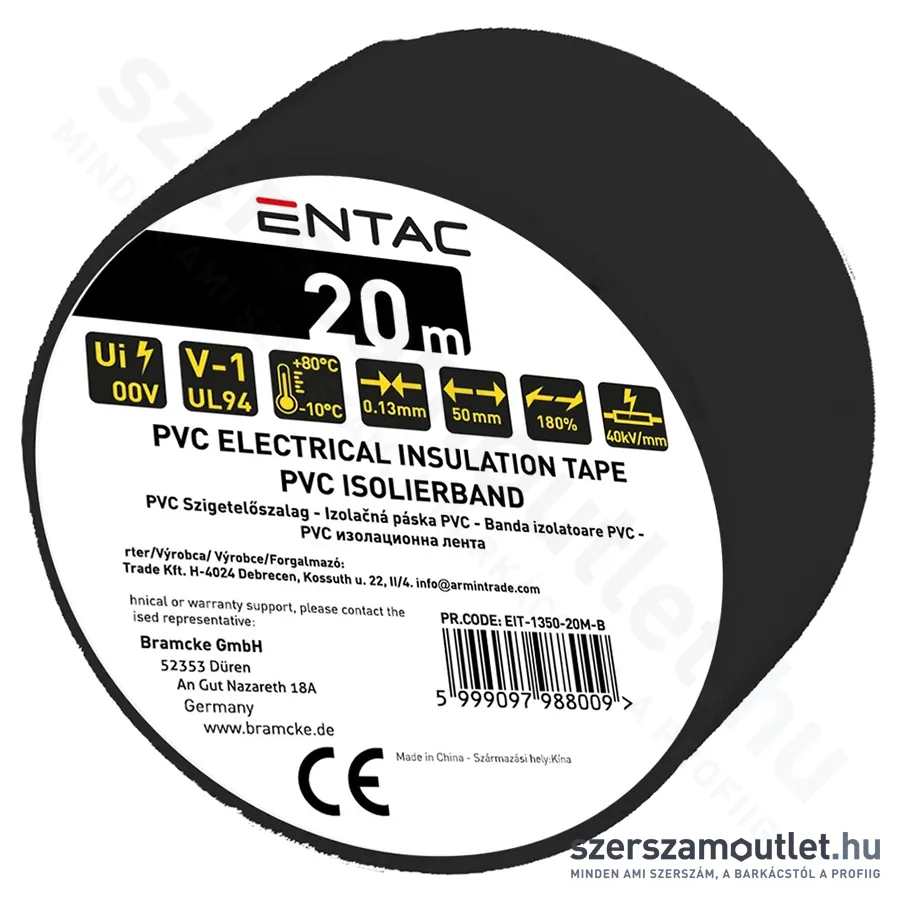 ENTAC Szigetelőszalag 0,13x50mm/20m (Fekete) (EIT-1350-20M-B)