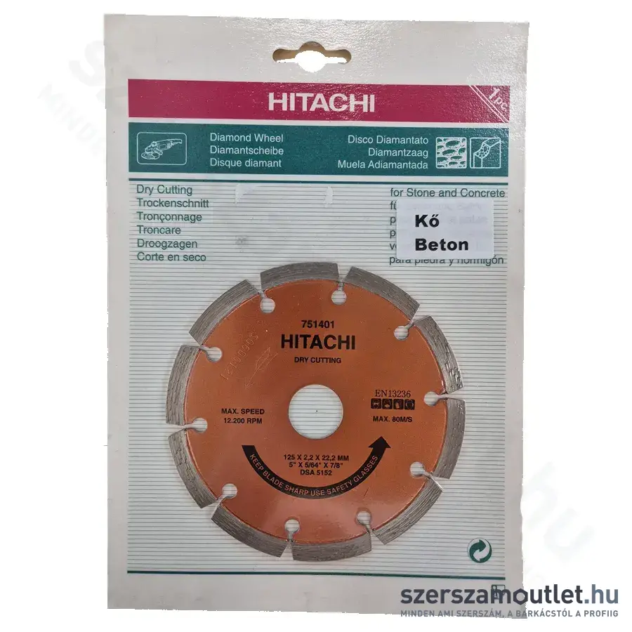 HIKOKI HITACHI Gyémánttárcsa, száraz vágás, kő, beton 125x2,2x22,2mm (751401)
