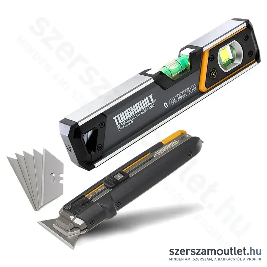 TOUGHBUILT H4S5-01 Kitolható pengés kés 16,5cm (+5db penge) + H2-L-M23-LH-M Mágneses vízmérték