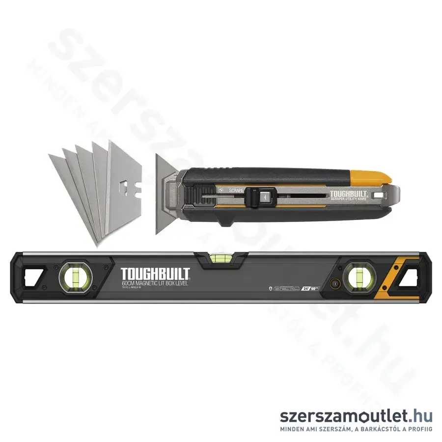 TOUGHBUILT H2-L-M60-LH-M Mágneses vízmérték 3 libellás 60cm + TB-H4S5-01 Kitolható pengés kés 16,5cm