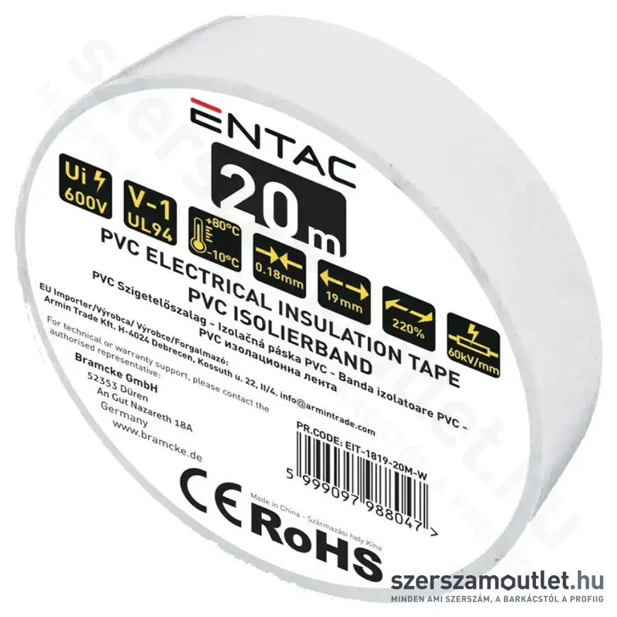 ENTAC Szigetelőszalag 0,18x19mm/20m (Fehér) (EIT-1819-20M-W)