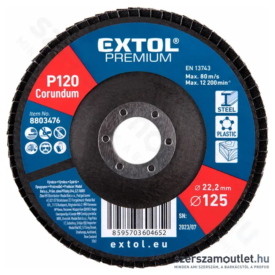 EXTOL Lamellás csiszolótárcsa kúpos, P120, 125×22,2mm (8803476)