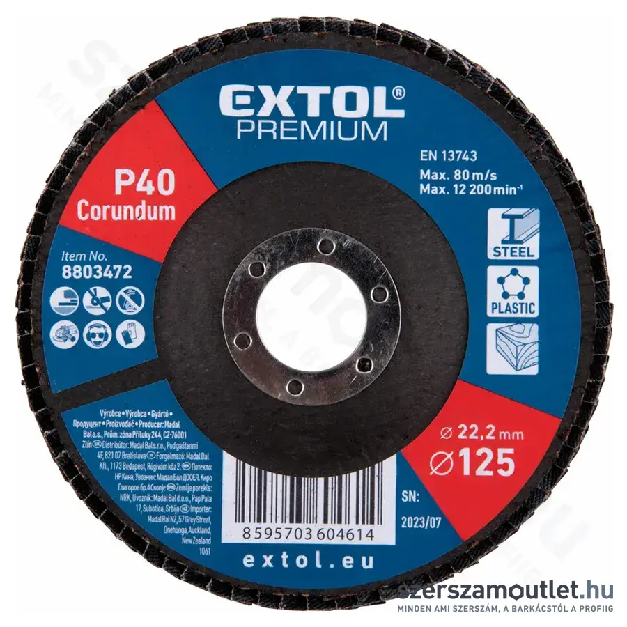 EXTOL Lamellás csiszolótárcsa kúpos, P40, 125×22,2mm (8803472)