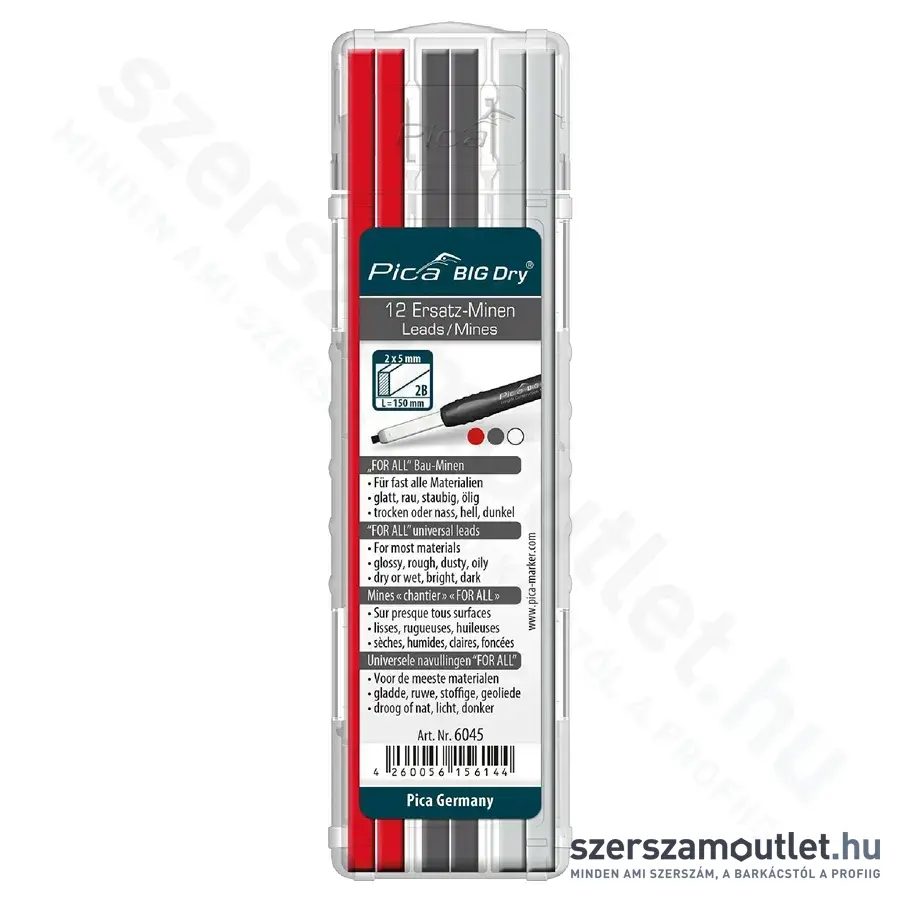 PICA BIG DRY Jelölőmarker betét, 2B grafit 2x5/150mm 12db (Szürke/Fehér/Piros) (6045)