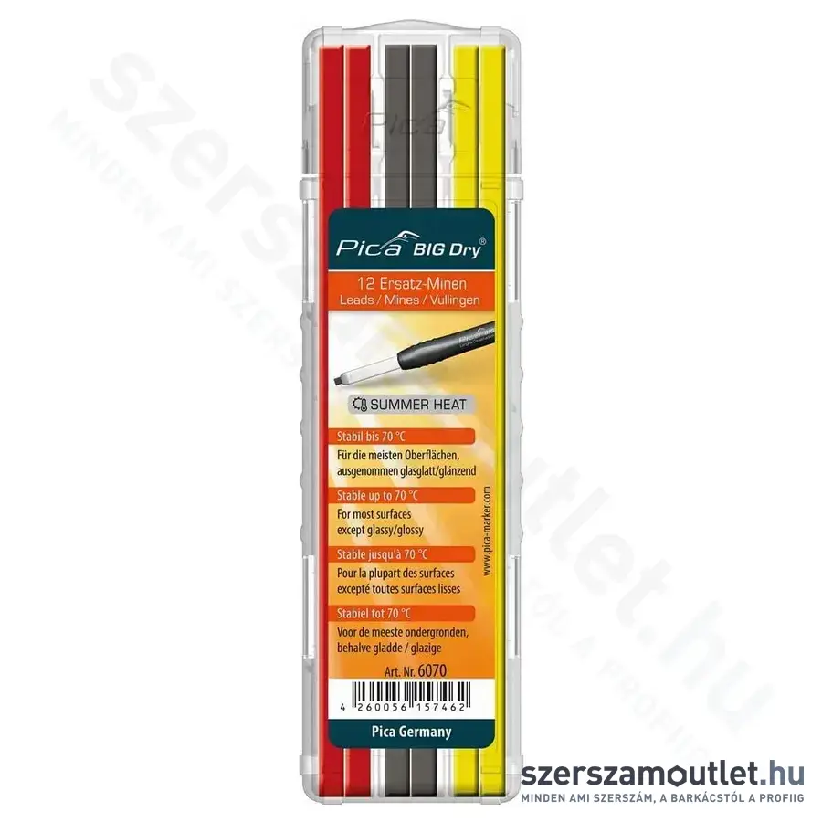 PICA BIG DRY Jelölőmarker betét, 2B grafit 2x5/150mm 12db (Szürke/Piros/Sárga) (6070)