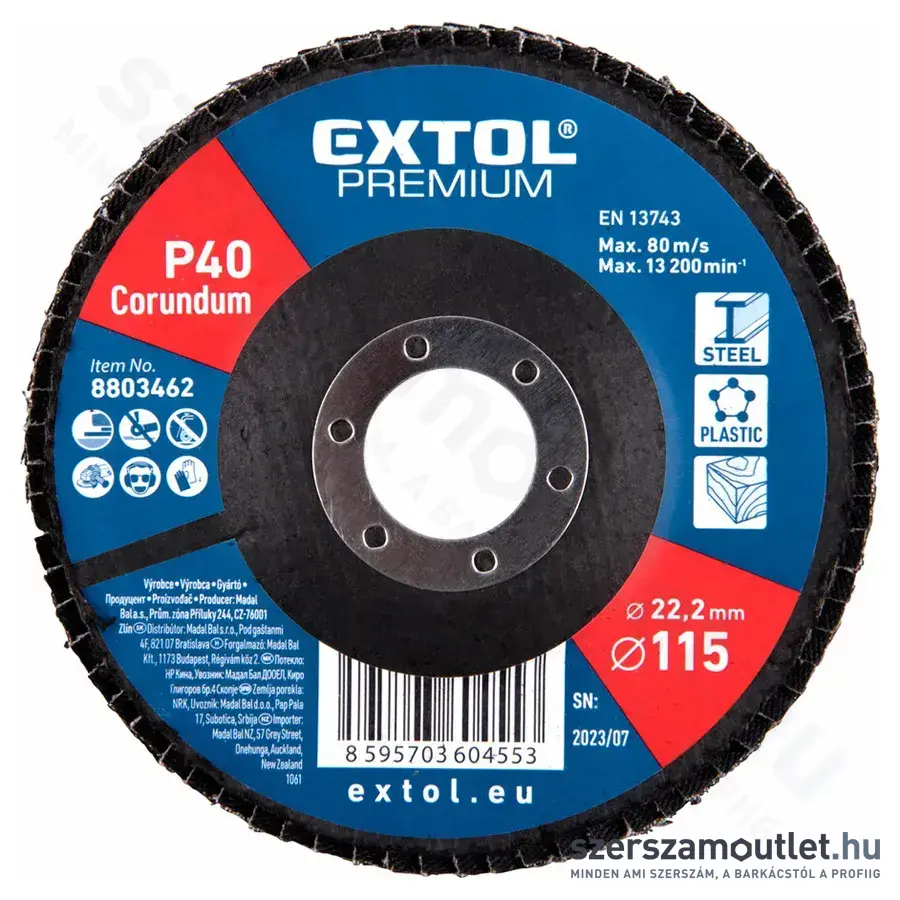 EXTOL Lamellás csiszoló korong P40, kúpos, 115x22,23mm (8803462)