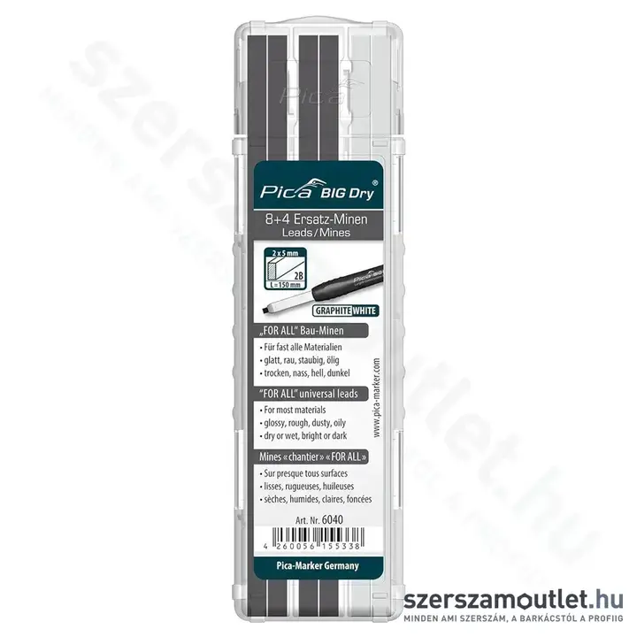 PICA BIG DRY Jelölőmarker betét 2B grafit 2x5x150mm 12db (Grafit/Fehér) (6040)