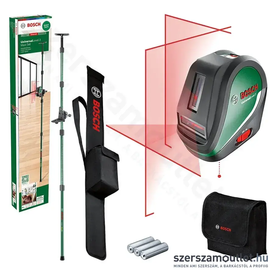 BOSCH UniversalLevel 3 Maxi Keresztvonalas szintezőlézer piros, 635/650Nm, 10m + teleszkópos nyél