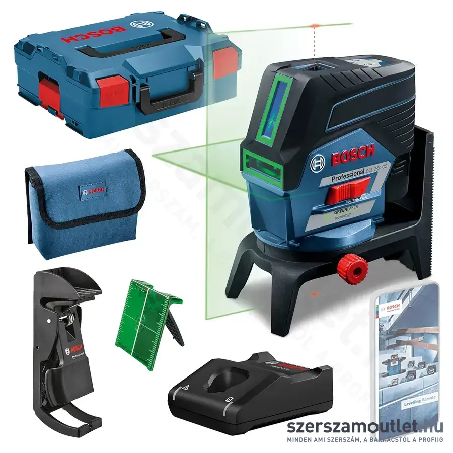 BOSCH GCL 2-50 CG Prof. Keresztvonalas szintezőlézer zöld, 650Nm, 20m, IP54, 12V (2,0Ah akku/töltő)
