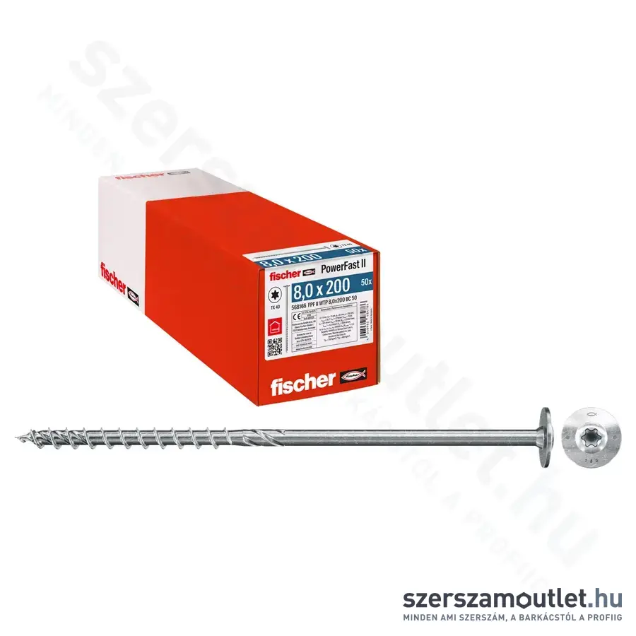 FISCHER PowerFast II WTP BC 50 Szerkezetépítő csavar, lapos fej, TX40, 8x200mm (50db/doboz)