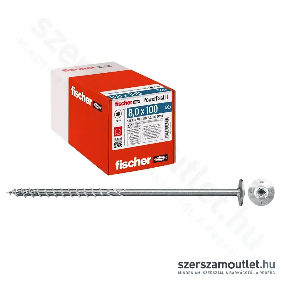 FISCHER PowerFast II WTP BC 50 Szerkezetépítő csavar, lapos fej, TX40, 8x100mm (50db/doboz)