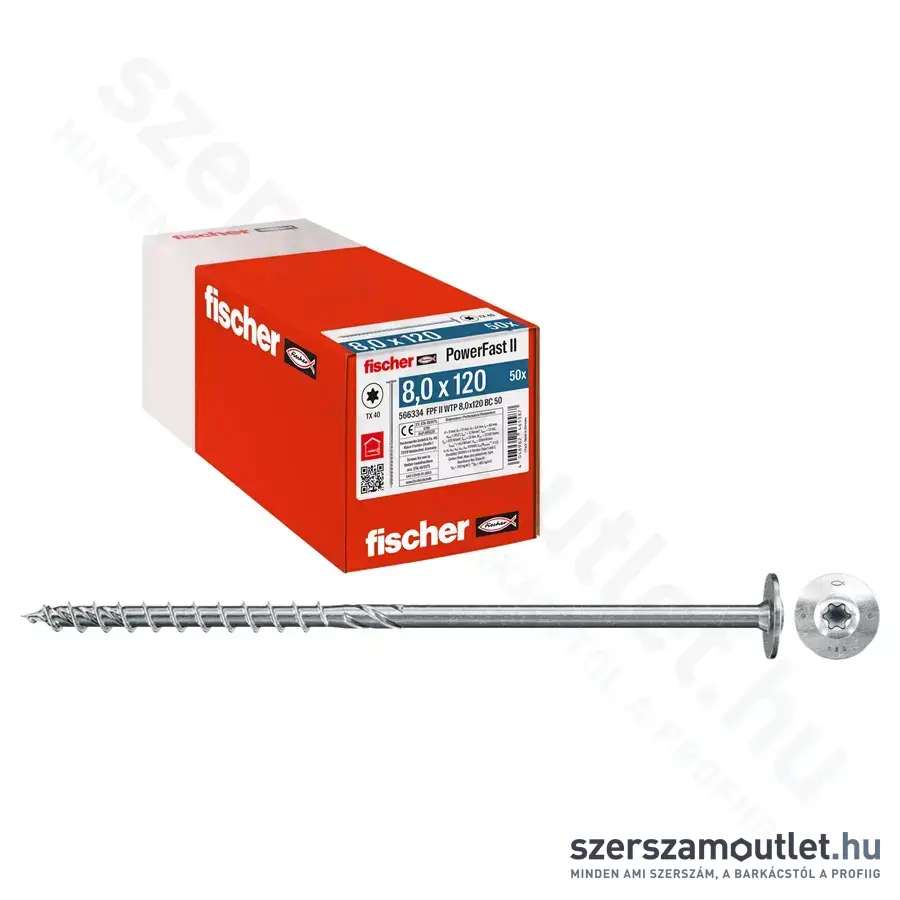 FISCHER PowerFast II WTP BC 50 Szerkezetépítő csavar, lapos fej, TX40, 8x120mm (50db/doboz)