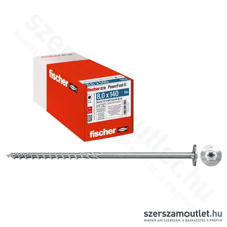 FISCHER PowerFast II WTP BC 50 Szerkezetépítő csavar, lapos fej, TX40, 8x140mm (50db/doboz)