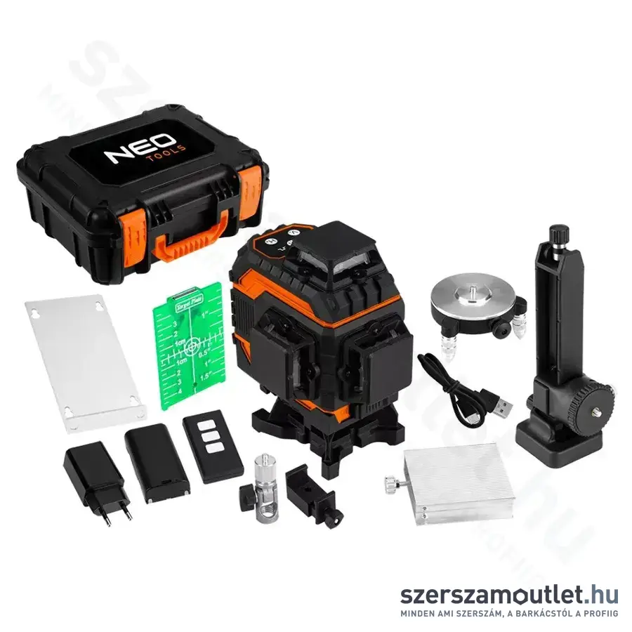 NEO TOOLS Lézeres színtező, zöld, önbeálló, 4x360°, 25m, 16vonal, IP43 (4,0Ah/3,7V)