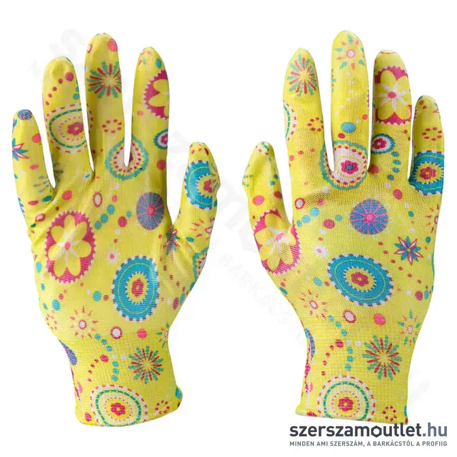EXTOL Kerti kesztyű, nitrilbe mártott tenyér és ujjhegy, nylon, 9-es (Virágmintás)