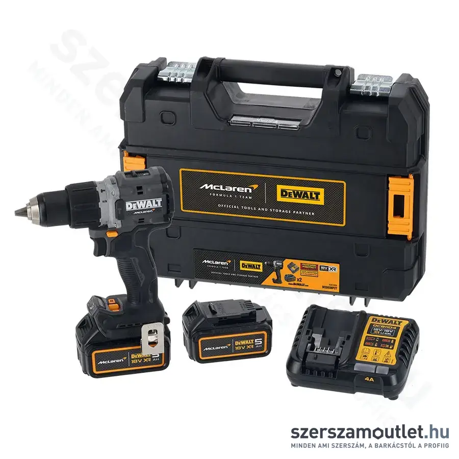 DEWALT X MCLAREN 18V XR ÜTVEFÚRÓ-CSAVAROZÓ + 2x 5Ah akkumulátor + DCB1104 4A töltő + TSTAK koffer