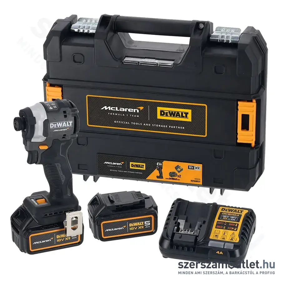 DEWALT X MCLAREN 18V XR ÜTVECSAVAROZÓ + 2x 5Ah akkumulátor + DCB1104 4A töltő, TSTAK koffer