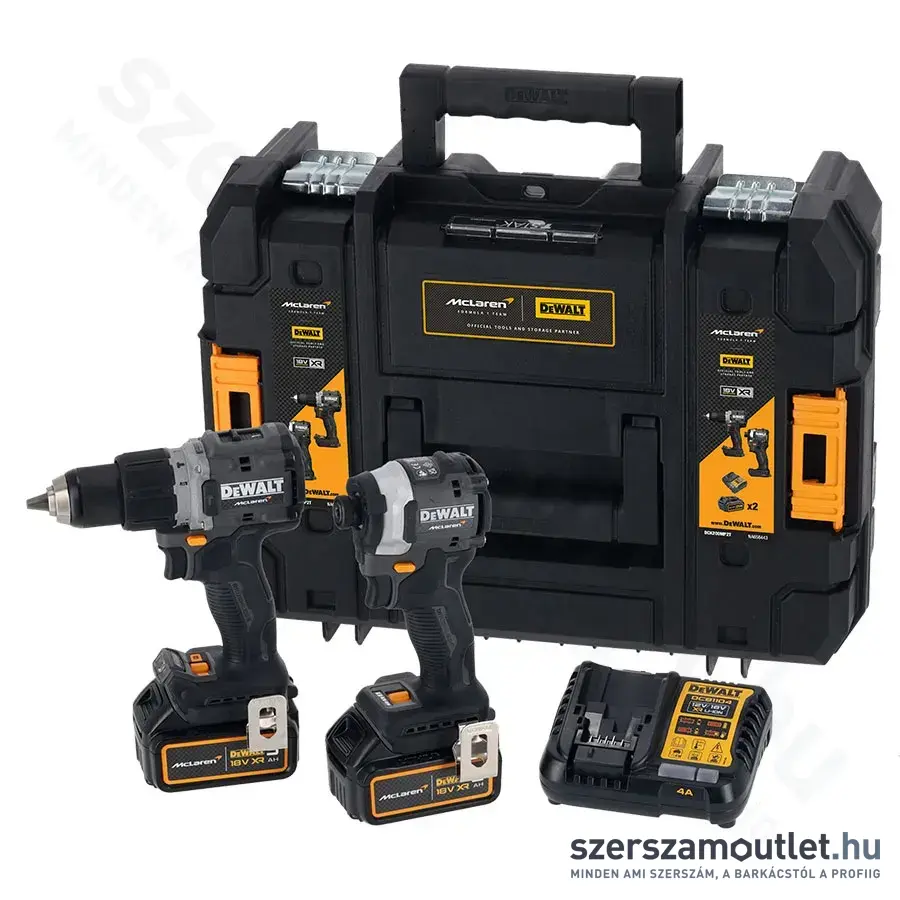 DEWALT X MCLAREN 18V XR KÉSZLET: DCD85M + DCF85M + 2x 5Ah akku + DCB1104 4A töltő, TSTAK II koffer