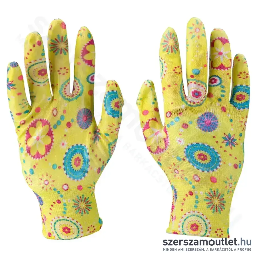 EXTOL Kerti kesztyű, nitrilbe mártott tenyér és ujjhegy, nylon, 8-as (Virágmintás)