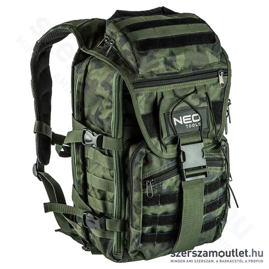 NEO TOOLS Taktikai túra hátizsák, 22 zseb, 600D poliészter, 30l, 300x200x440mm (Terepszínű)