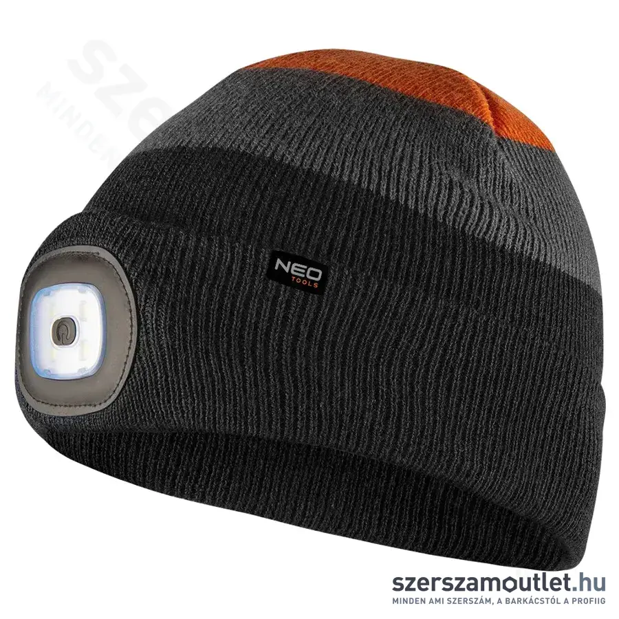 NEO TOOLS Téli, kötött munkasapka, LED-es, 6500K, IP43, 180lm (2,5Ah/3,7V) (Fekete/Szürke/Narancs)