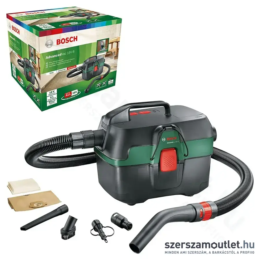 BOSCH AdvancedVac 18V-8 Akkus nedves és száraz porszívó, 92mbar, 8l, 18V (Akku és töltő nélkül!)
