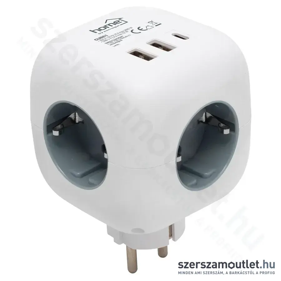 SOMOGYI Home CUBE1 Kocka elosztó, 3 aljzat gyermekvédelemmel, 1db USB-C, 2db USB-A, 3680W, 230V