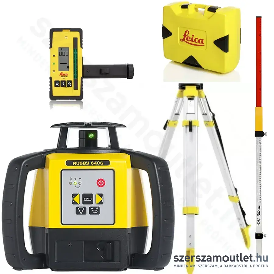 LEICA RUGBY 640G forgólézer(zöld) + RODEYE 120G vevő + CTP104 állvány + FLEXI ROD flexibilis mérőléc