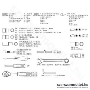 NEO TOOLS Dugókulcskészlet 1/2", 3/8", 1/4", 216db-os