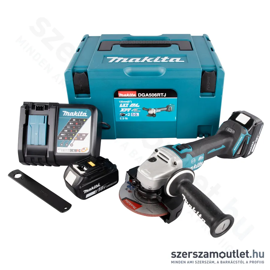 MAKITA DGA506RTJ Akkus szénkefementes sarokcsiszoló 125mm MAKPAC kofferben (2x18V/5,0Ah)