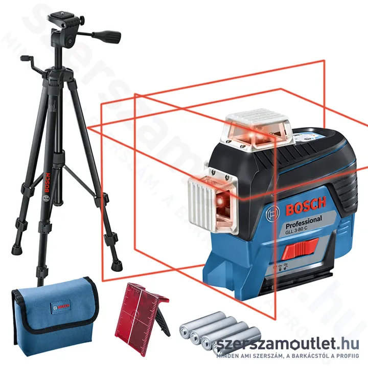 BOSCH GLL 3-80 C Akkus vonallézer PIROS, állvánnyal (3x360°) (4x1,5V) (0601063R01)