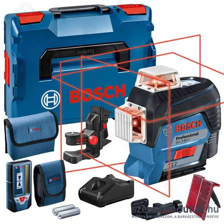 BOSCH GLL 3-80 C Akkus vonallézer PIROS, vevőegységgel L-Boxxban (3x360°) (1x2,0Ah/12V) (060106