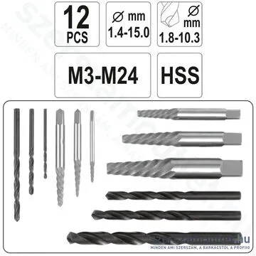 YATO Törtcsavar kihajtó és fúrószár fémhez 1,4-15mm/M3-M24 12db-os (YT-0591)