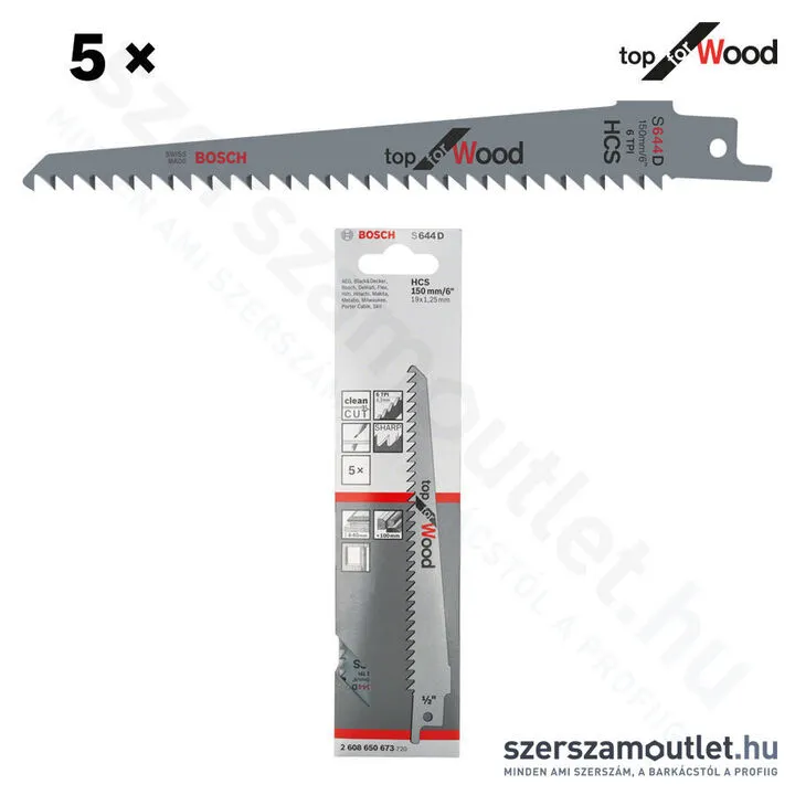 BOSCH S 644 D Top for Wood szablyafűrészlap 150x19x1,25mm [5db/csomag] (2608650673)