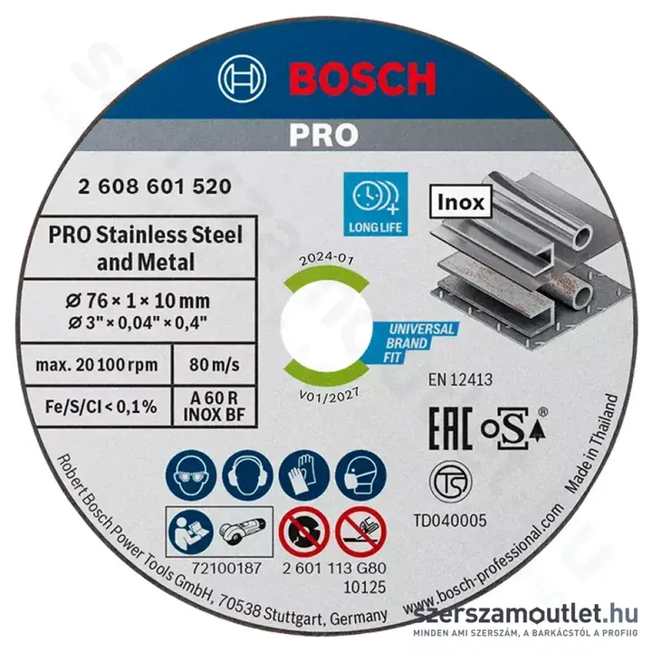 BOSCH Expert for Inox A 60 R INOX BF vágótárcsa 76x1x10mm 5db/csomag (2608601520)