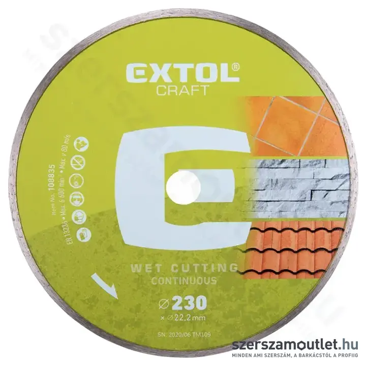 EXTOL Gyémánttárcsa csempevágáshoz (sima), vizes vágásra 230x22,2mm