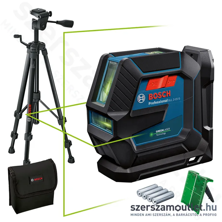 BOSCH GLL 2-15 G Keresztvonalas lézer ZÖLD, állvánnyal (2 vonal/15m) (0601063W01)