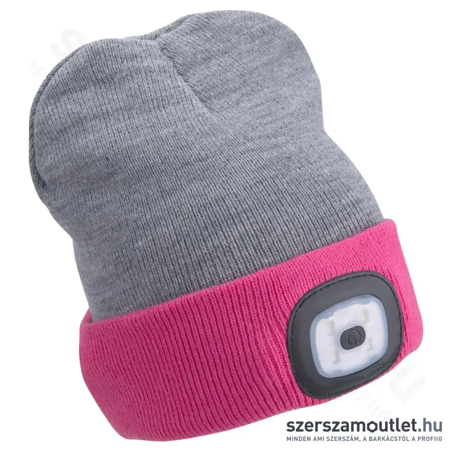 EXTOL Kötött sapka, kivehető LED homloklámpával 180lm (szürke/pink)