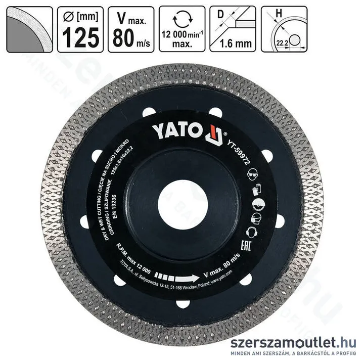 YATO Gyémánt vágótárcsa 125mm, folytonos (YT-59972)