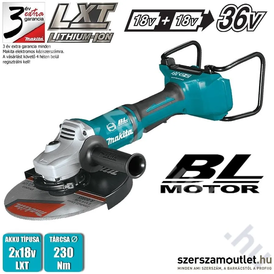 MAKITA DGA900Z Akkus szénkefementes sarokcsiszoló 230mm (2x18V) (Akku és töltő nélkül!)