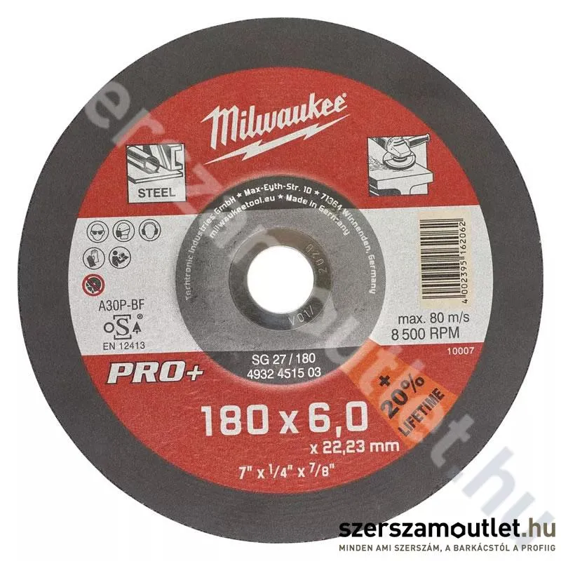 MILWAUKEE PRO+ SG27 Csiszolókorong fémhez 180x6mm (4932451503)